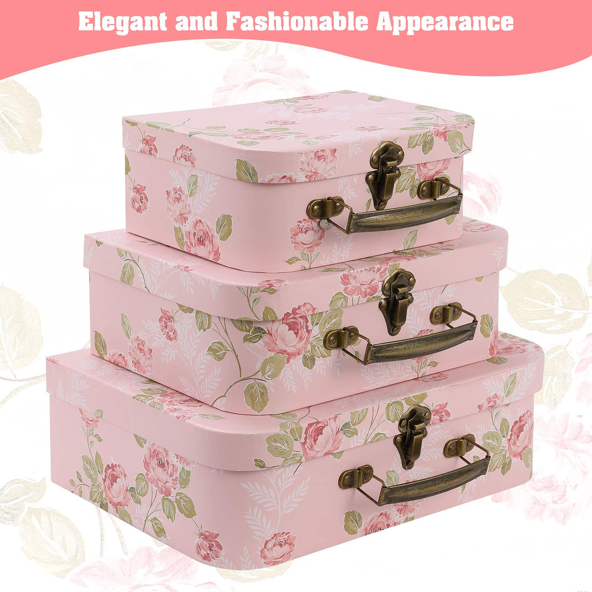 Anndason Set of 3 Paperboard Suitcases Storage Box Storage Gift Boxes With Lids for Photo Storage Home Decoration, Wedding, Birthday, Anniversary and New Year Gift Decoration (3Pcs, Pink Flowers)