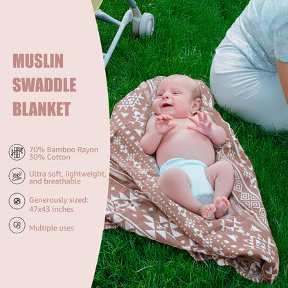 Baby Girl Gift Set - 5-Piece Baby Girl Shower Gifts with Muslin Swaddle Blanket, Wooden Teether, Headbands & Hello World Milestone Card - Newborn Welcome Box, Unique Present for Girls