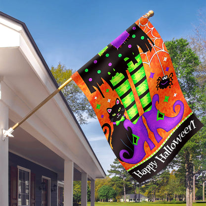 Morigins Trick Or Treat Witch Feet 28 x 40 Black Kitty Spider Decorative Happy Halloween Double Sided House Flag