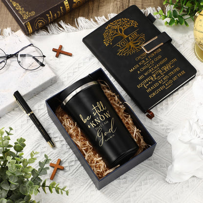 Pickmesh 3Pcs Fathers Day Christian Gift for Men Man of God Prayer Leather Journal with Pen Coffee Cup Bible Study Kit for Graduation Birthday Coworker Pastor Church(Be Still & Know,Black)