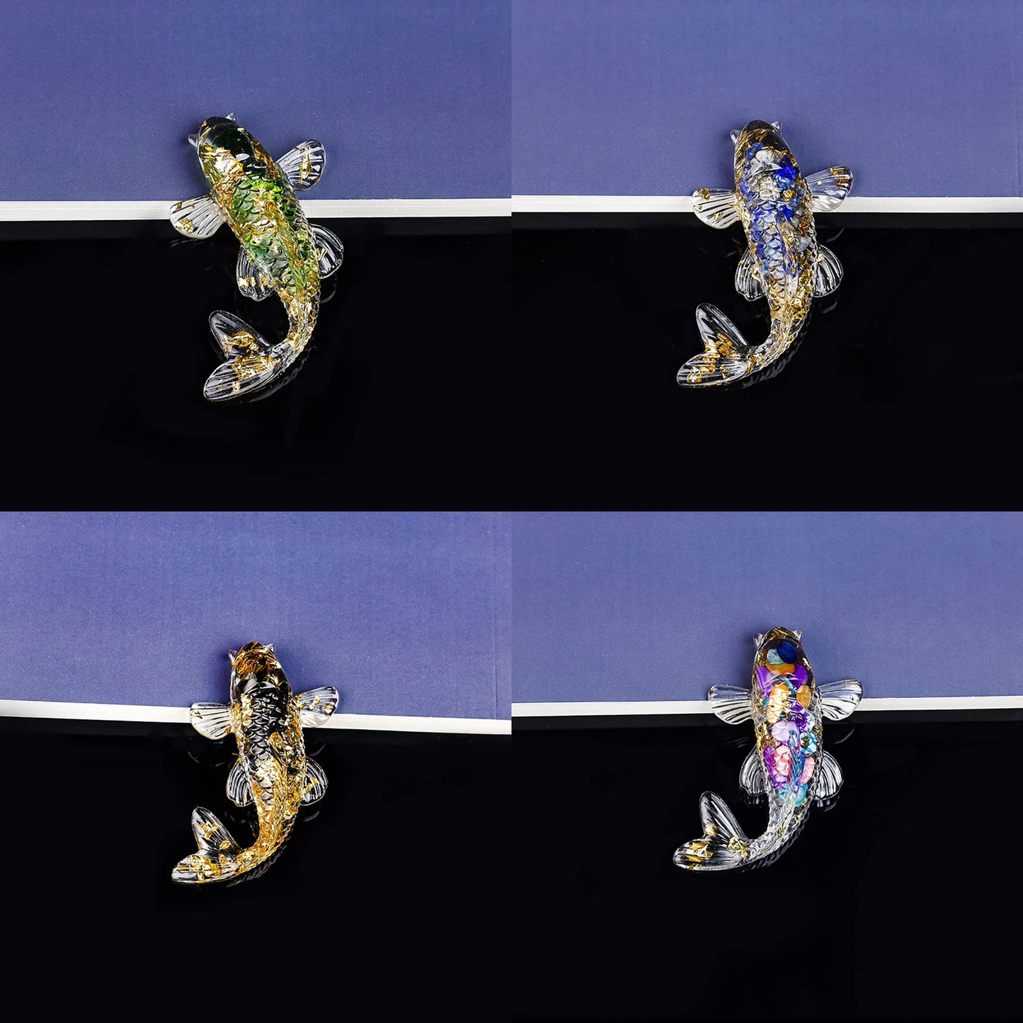 DIYOMR Set of 6 Crystals Fish Hand-dripped Resin Fused with Colorful Crystal Rocks Stones Fake Gold Coins,Blessed Carp Bring Luck Wealth,DIY Home Wall Desk Decor