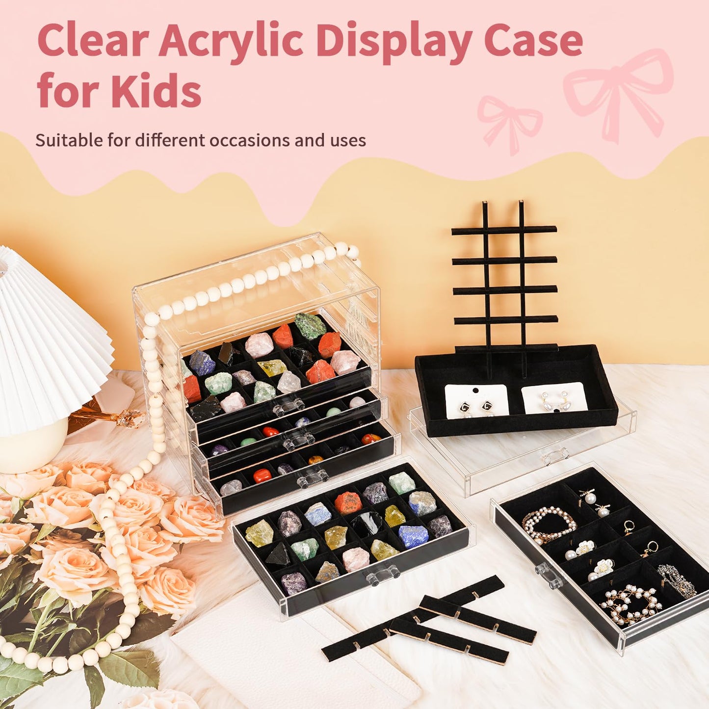 Bfttlity Acrylic Rock Display Case, 108 Grids Rock Collection Box for Kids, Clear Display Cases for Stones Collectibles Gemstone Crystals Storage Boxes (108 Grids)