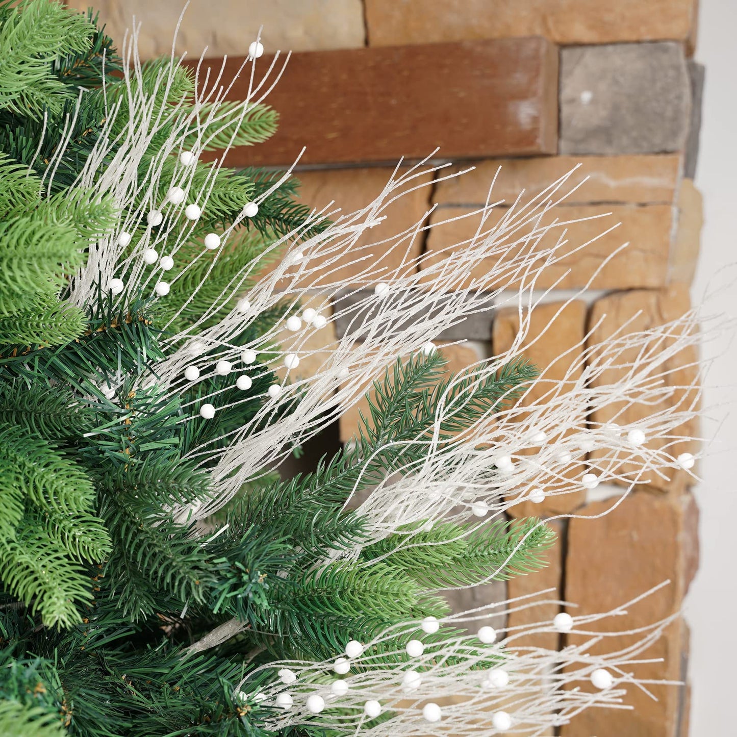 SLKING STORE SLK 16-Pack Artificial Glitter Berry Stem Ornaments, Christmas Decorative Glittery Twigs, Picks, Branches for Tree, Wreath, Small Vase, Halloween Party (White)