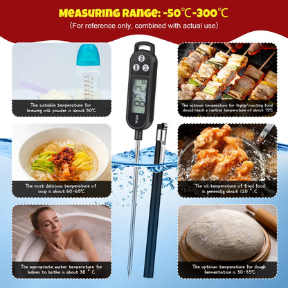 6 Pcs Instant Read Meat Thermometer with Long Probe 9.65 Inch Kitchen Cooking Food Candy Waterproof Digital Thermometer for BBQ Water Milk Yogurt Liquid (Round&Square Ring,Black,White,Red)