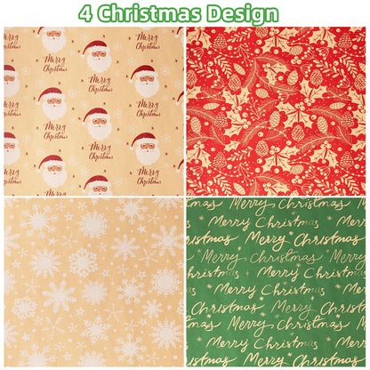 Christmas Kraft Wrapping Paper (4 Rolls, 93 sq. ft. ttl) Santa Claus, Snowflakes, Merry Christmas Script, Pinecones and Foliage Patterns for Holiday Gift Wrap - 17 Inches x 16.5 Feet Per Roll