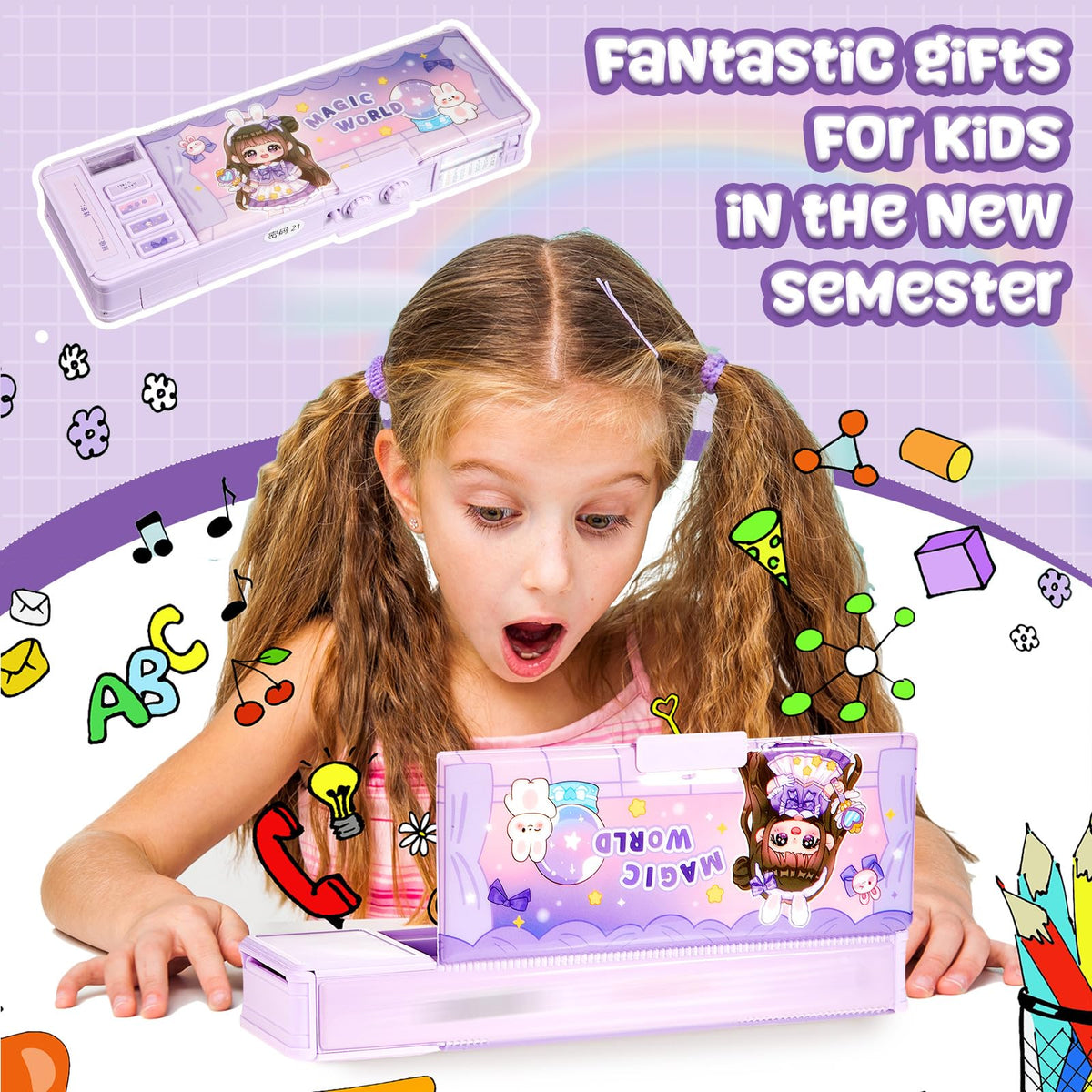 Humyoun Multifunctional Pop up Pencil Case for Girls, Cute Cartoon Pen Box Organizer with Password Lock, Sharpener, Schedule, Birthday Stationery Gifts for Kids (Purple, Magic World)