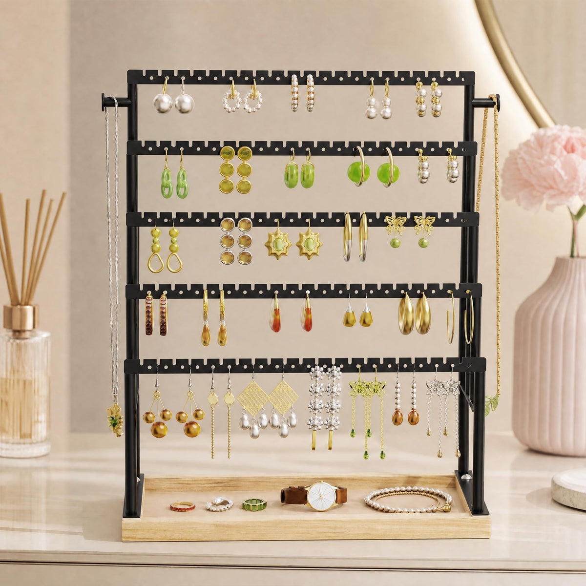 TIPSYTREE 5 Tier Earring Holder Organizer with Attached Wooden Tray, Large Earring Storage for Studs Hoops Dangle Earrings, Black Metal Earring Display Stand for Dresser or Vanity Table