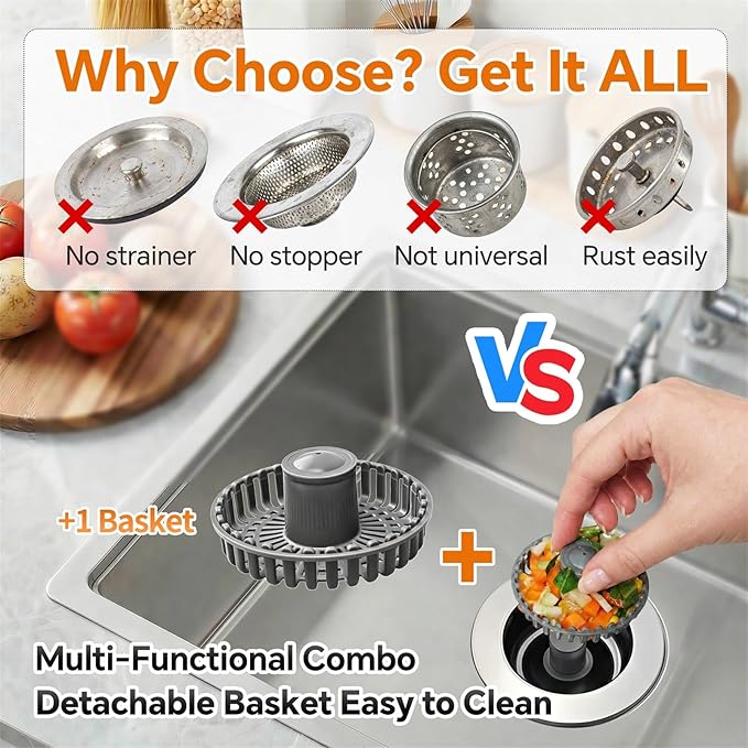 Solid Brass Body 3-in-1 Kitchen Sink Drain Strainer & Stopper, Heavy Duty Pop