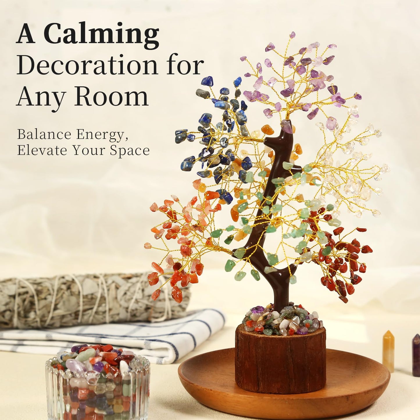 Crystal Tree of Life with Chakra Stones - Healing Crystals Decor for Desk & Home, Housewarming Gifts for New Home, Unique Birthday Gifts for Women, Sisters, Friends (7 Chakra Tree Wooden Base)