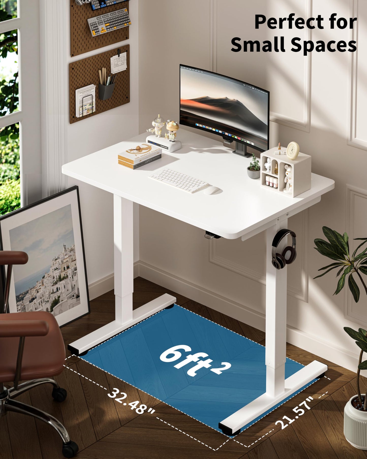 Okin Small Electric Standing Desk, 36" x 24" Whole Piece Height Adjustable Desk, White Sit to Stand Computer Workstation for Home Office