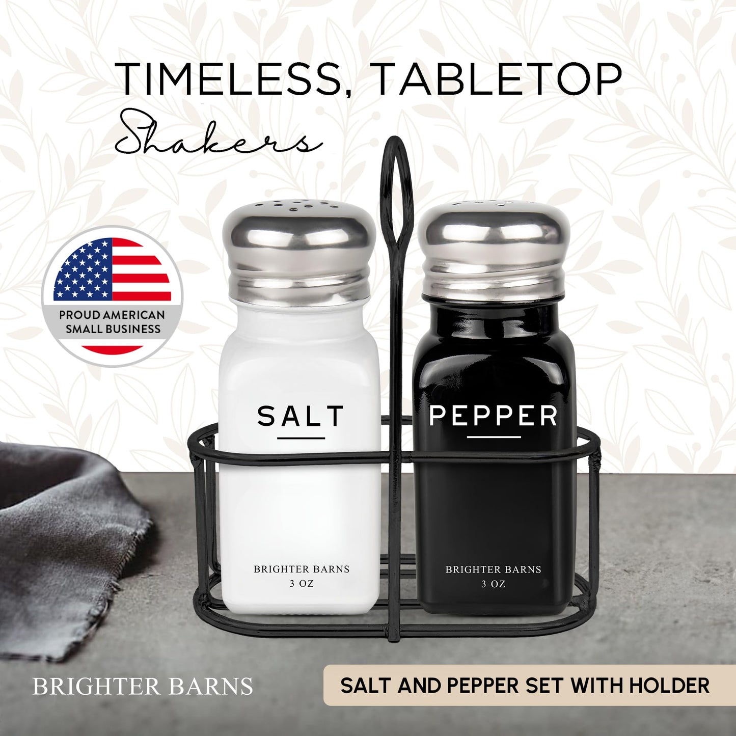 Farmhouse Salt and Pepper Shakers Set with Holder by Brighter Barns - Modern Kitchen Decor and Accessories, Dining Table Decor - Cute Glass Salt Shaker with Caddy for Restaurants, Gifts (Black/White)
