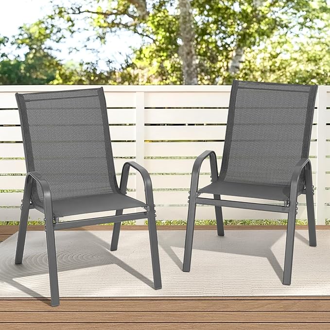 Patio Chairs Set of 2, All Weather Breathable Stackable Outdoor Dining Chairs with High Back and Wide Seat, Easily Set Up Outdoor Chairs Set of 2 with Metal Frame for Backyard Garden Pool, Grey