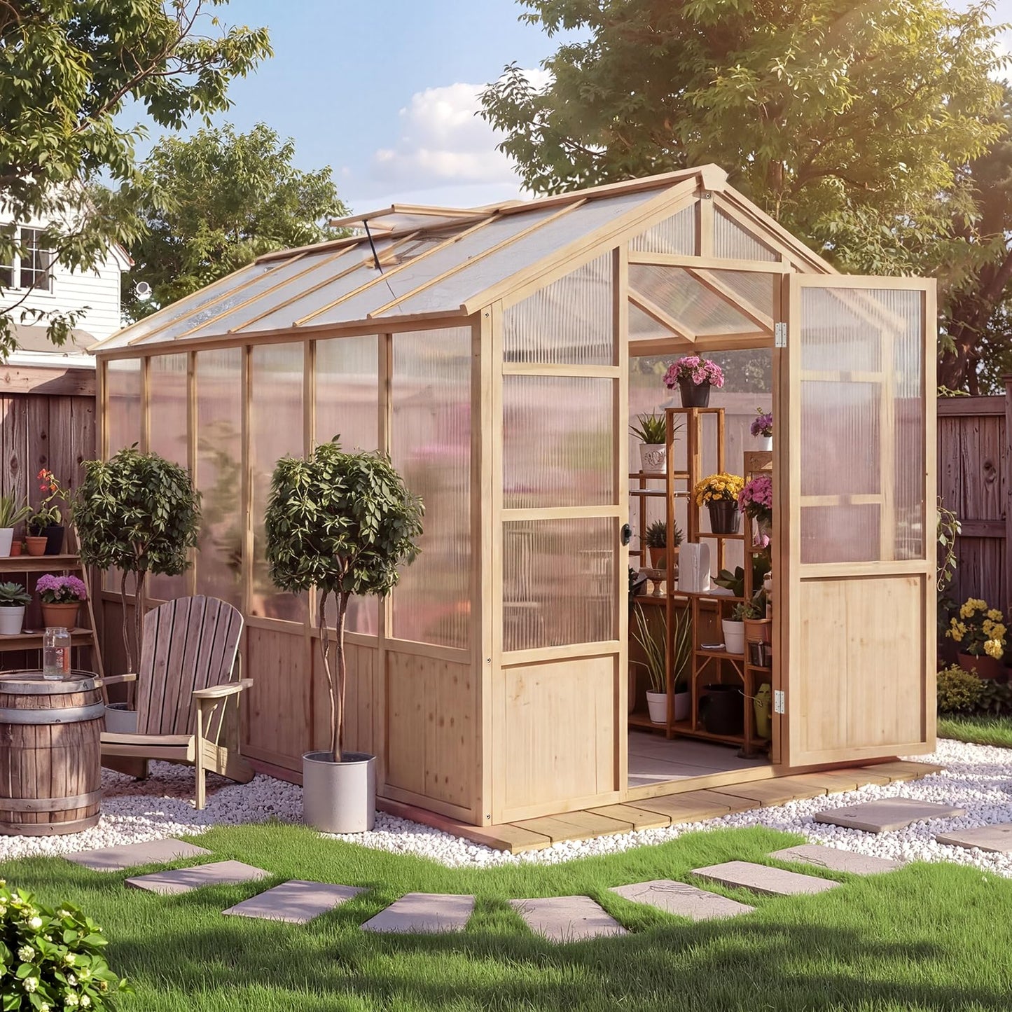 Large Wood Frame Greenhouse for Outdoor - Wooden Walk-in Greenhouse Kit with Polycarbonate Panels, Ventilated Window & Lockable Door for Garden, Backyard, Patio, Lawn, Plant House