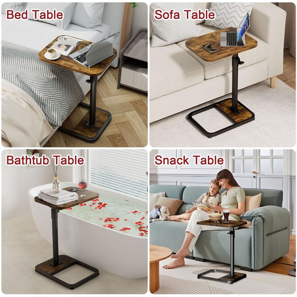 GOYLSER C-Shaped Tables Small Swivel End Table, Height Adjustable Side Tables Living Room, Rotating Snack Couch Wooden Tv Trays for Eating On Couch, Rustic Brown