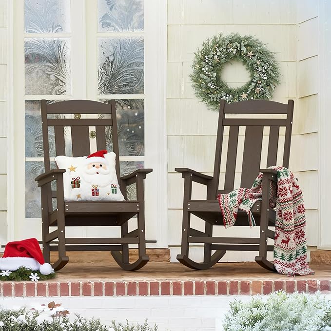 LUE BONA Outdoor Rocking Chairs Set of 2, Weather Resistant HDPS Poly Rocker Chairs, 350lb Heavy Duty, Oversized Porch Rocker for Adult, High Back Smooth Rocking Chair for Outdoor & Indoor, Brown