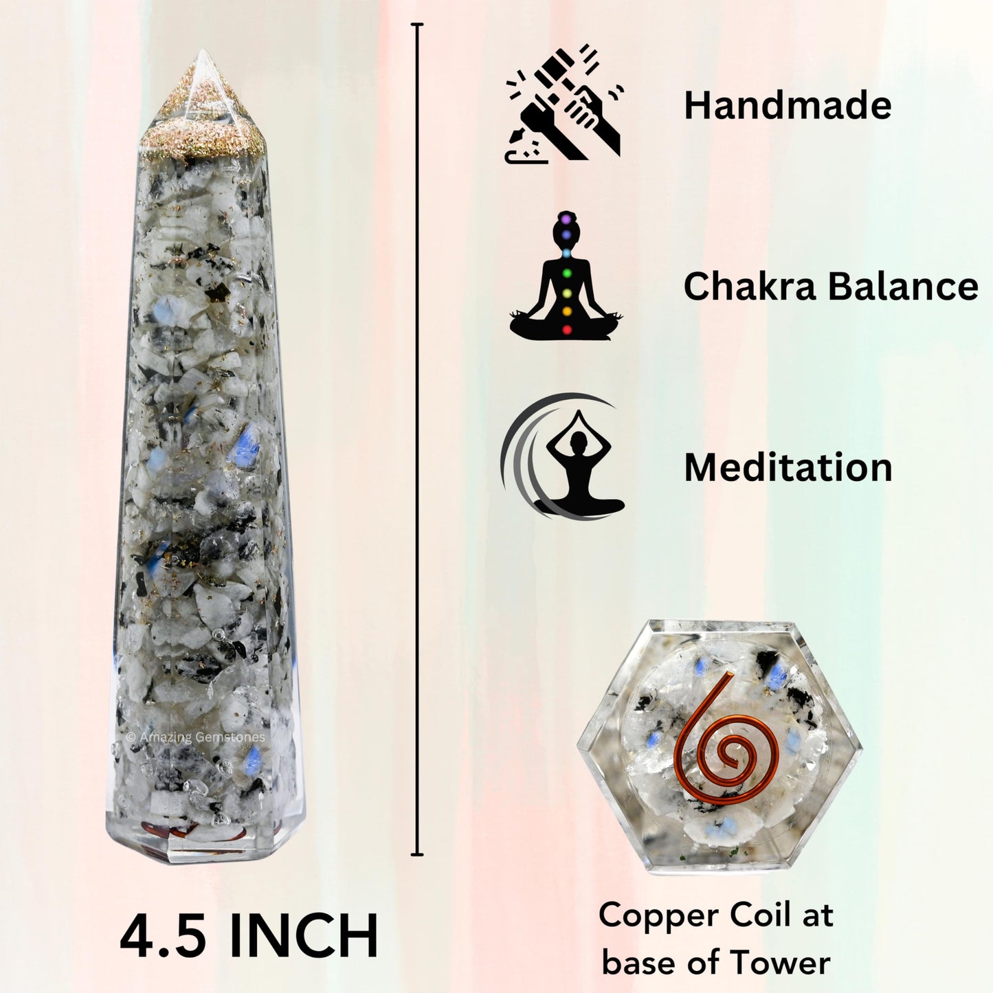 Amazing Gemstone Rainbow Moonstone Orgonite Orgone Crystal Towers - Large 4.5" Orgonite Crystal Wand Obelisk Tower Point for Meditation, Crystals and Healing Stones Gift and Protection