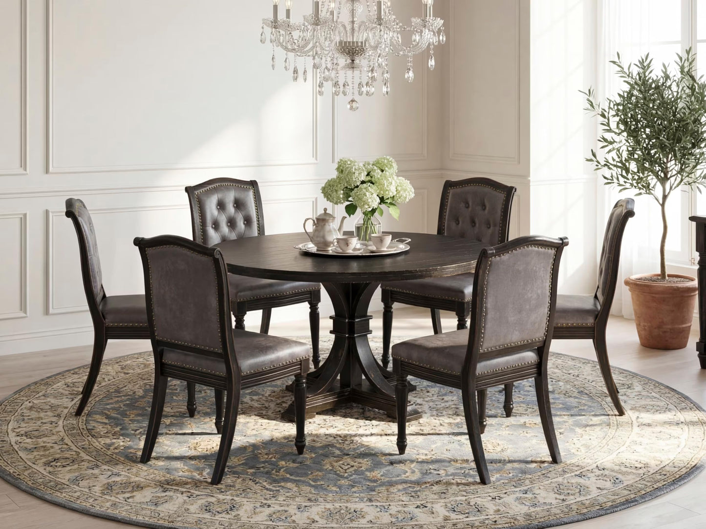 Luxe by East West Furniture I7MA7-511-34 7-Piece Kitchen Table Set with Polyester 6 Dark Gray Kitchen Chairs, Button Tufted Back, and A Round Dining Table in Sand Blasting Black Finish.