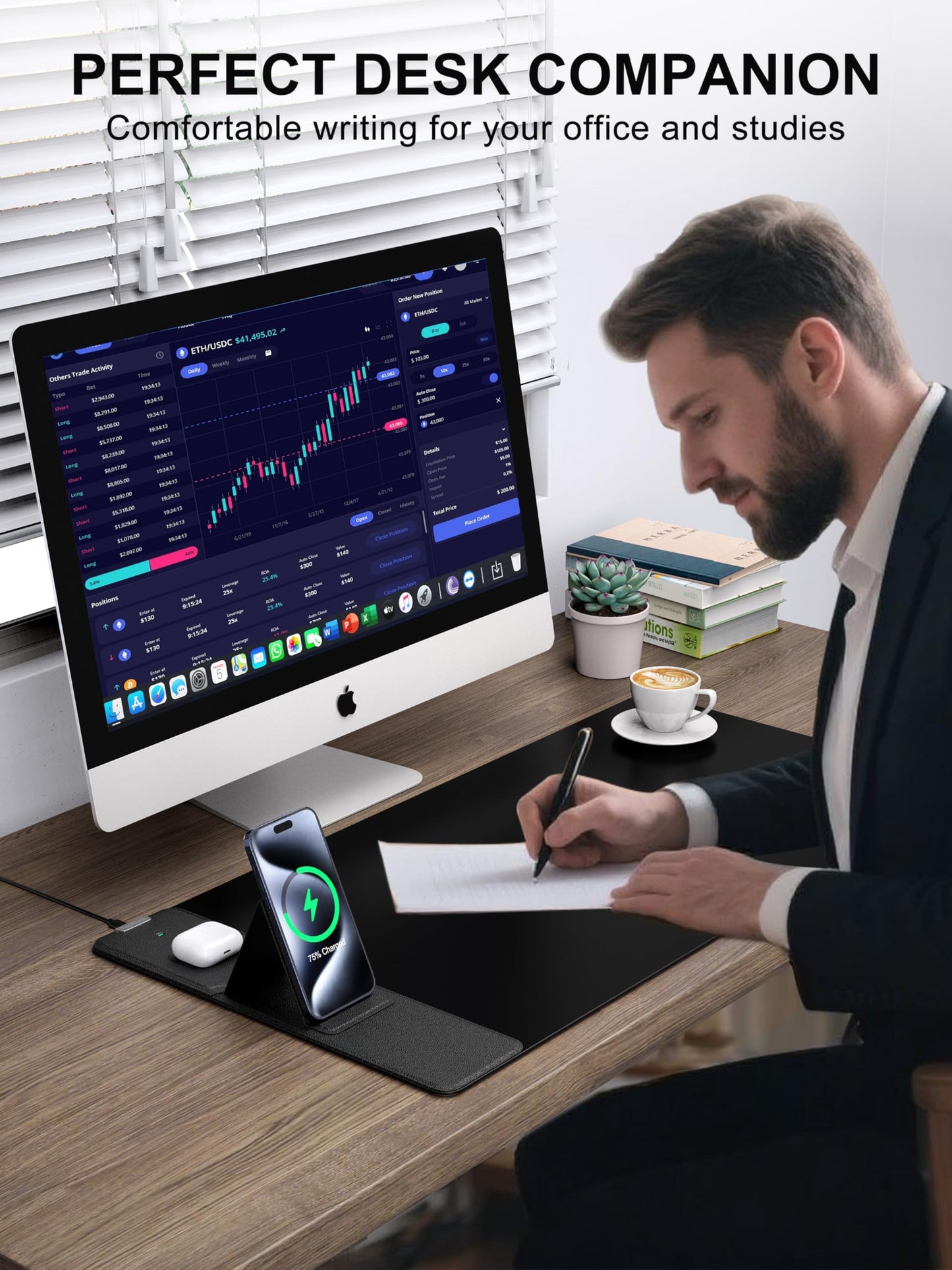 TopMade 4-in-1 Mouse Pad with 15W Wireless Charging, Foldable Phone Holder, 31.5" x 15.75" XXL Large Desk Pad, Gaming Mousepad with Ultra-Smooth Surface, Non-Slip Base, Waterproof Desk Mat, Black