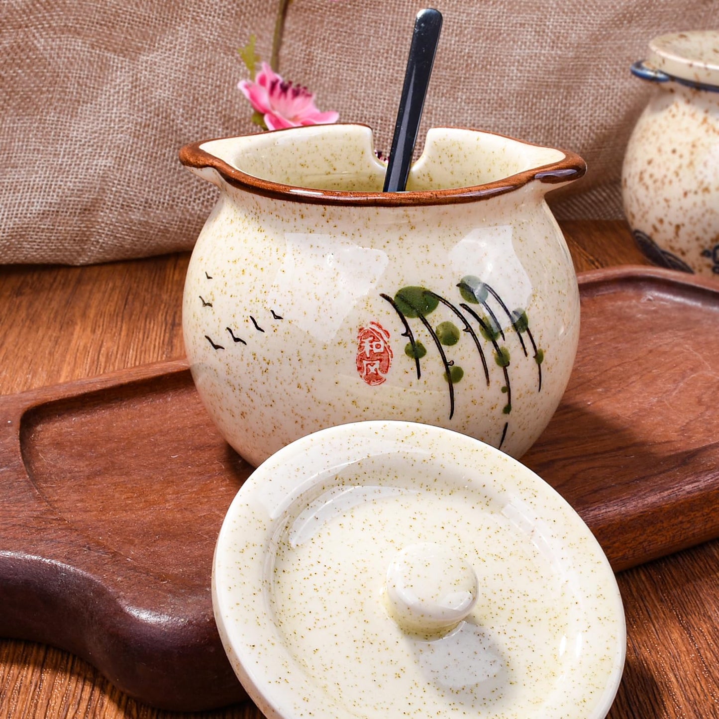 Whitenesser Japanese Willow Pattern Ceramic Sugar Jar & Spice Container with Lid & Stainless Steel Spoon Set – Kitchen Storage, Elegant Sakura Desig