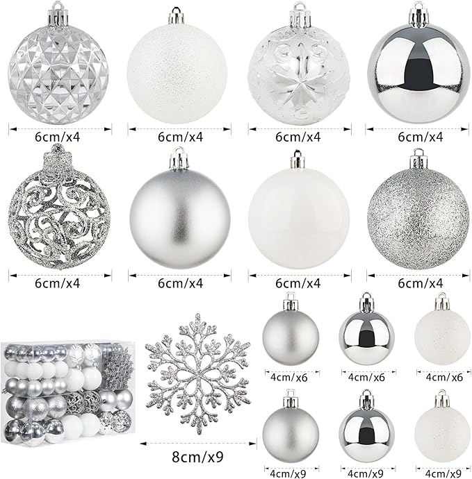 SY CRAFT 86 Pieces of Assorted Shatterproof Christmas Ball Snowflake Ornaments Seasonal Decorative Hanging Ornament Set with Hand-held Gift Package for Xmas Tree Decorations (86PCS, Silver)