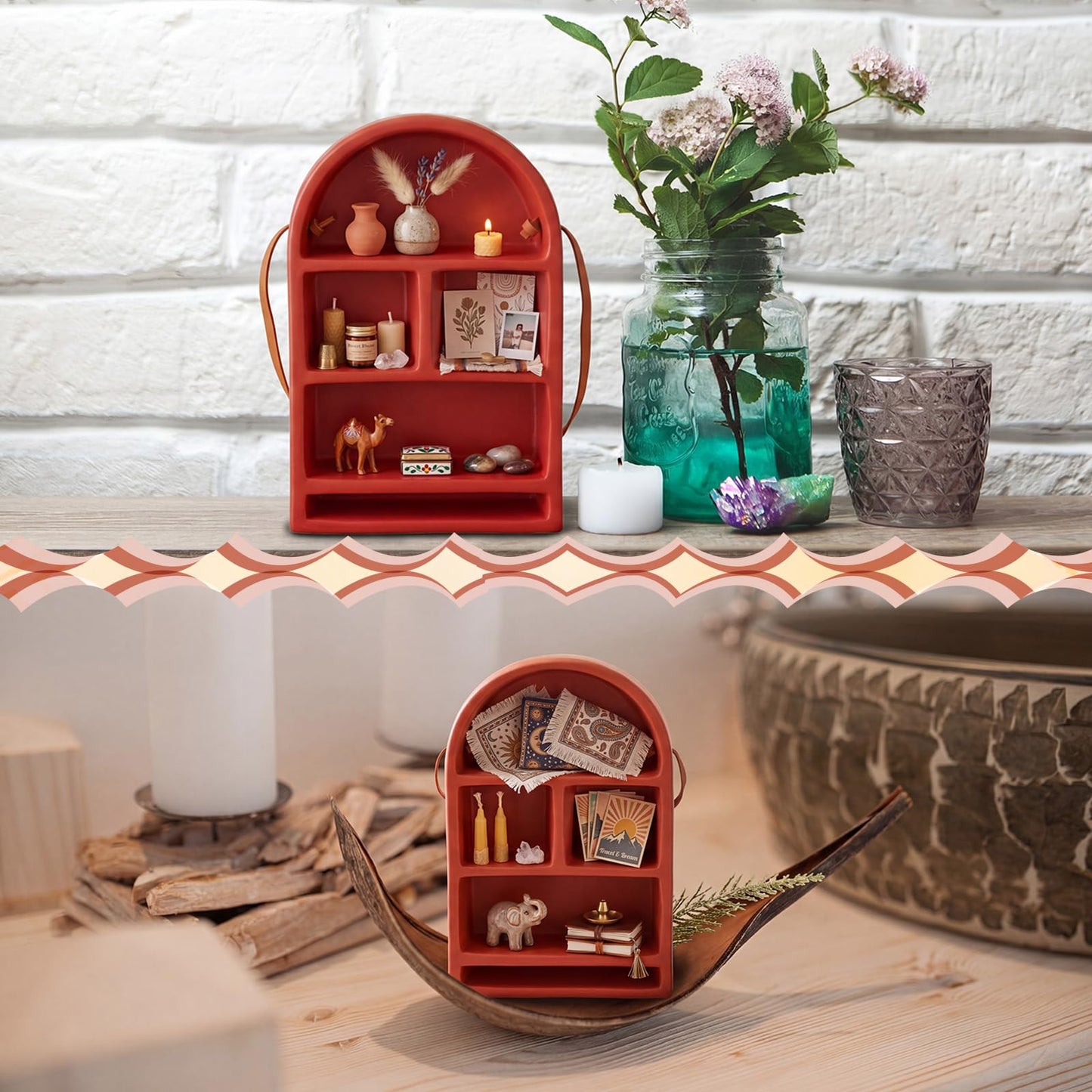 Ferrochef Nordic Arch Shelf 5.5 x 8.7 Inch Ceramic Arched Wall Cabinet Floating Wall Shelves with Hanging Rope for Miniature Display and Trinket Storage Shrine Home Decor(Terra Cotta)