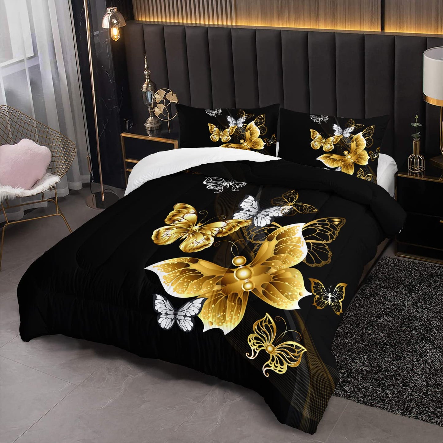 XYNHML Butterfly Comforter Set for Adults Black and Gold Butterfly Bedding Set Aesthetics Butterflies Quilt Duvet Set Full Size with 1 Comforter and 2 Pillowcases