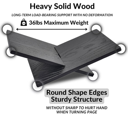 Honygebia Solid Wood Book Stands - Cross Frame Black Oak Wooden Book Holder, Open Bookstand for Display and Reading, Suitable for Art, Bible, Cookbook, Easel, Magazine, Textbooks