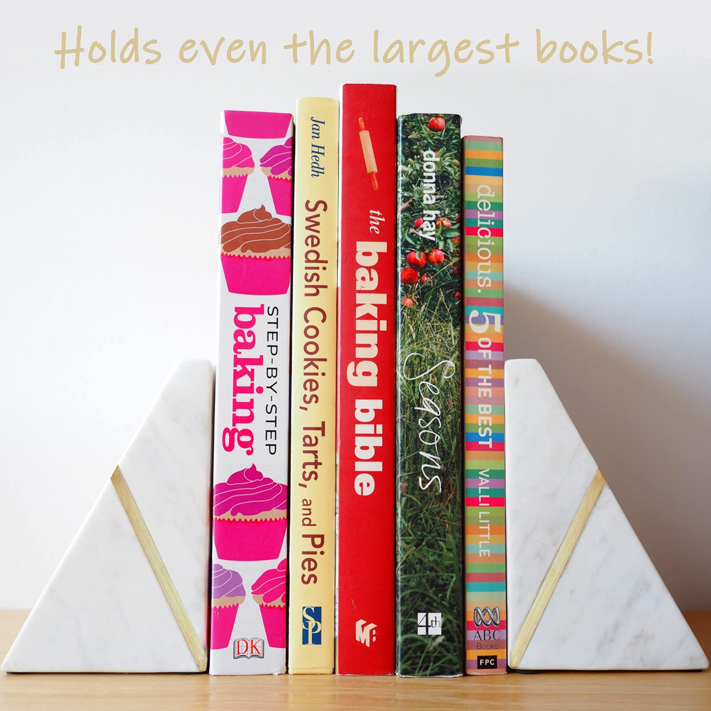Marble Bookends Handcrafted Heavy Marble Triangular Bookshelf Decor Brass Inlay Set of 2 Decorative Bookends Book Stoppers with Non-Skid Bottom Solid Home Kitchen Office Shelves Triangle