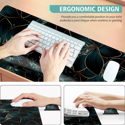Keyboard Mouse Pad Set,Large Gaming Mouse Pad+Keyboard Wrist Rest+Wrist Rest+Coaster,Computer Desk pad Set Wrist Support for Office Desktop Laptop. (35.4" x 15.7") Extended Desk Mat (Floral)