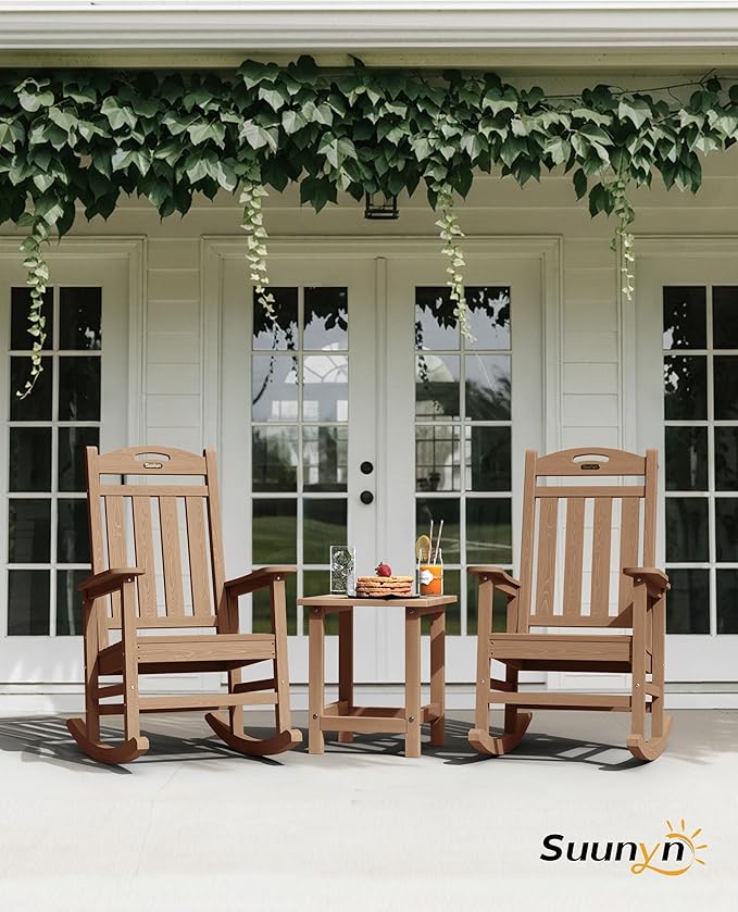Oversized Outdoor Rocking Chairs Set of 4, High Back Porch Rocker Chair, HDPE All Weather Resistant Rocking Chairs for Patio,380lbs Weight Capacity, Teak
