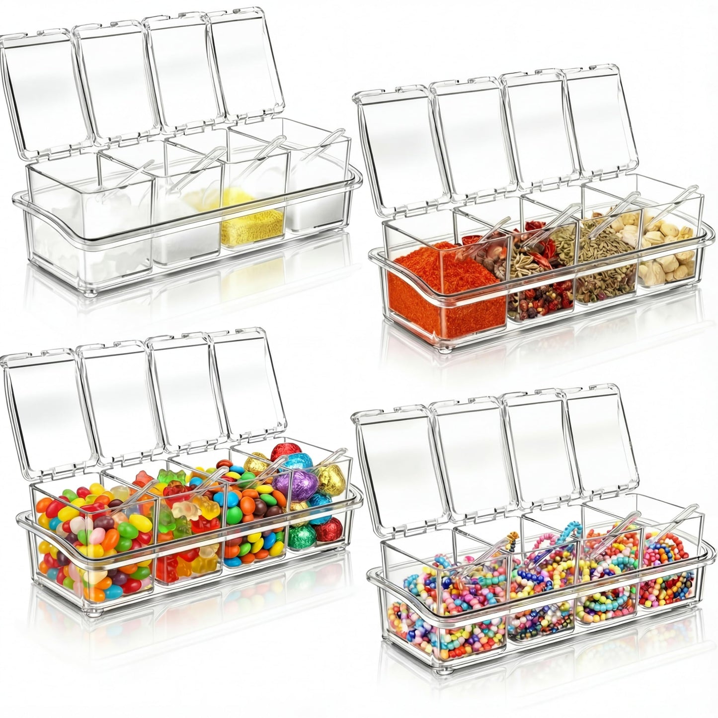 Bokon 4 Set Acrylic Seasoning Box with Spoons, 16 Compartments Clear Spice Organizer, Kitchen Condiment Containers with Lids for Salt, Sugar, Candy