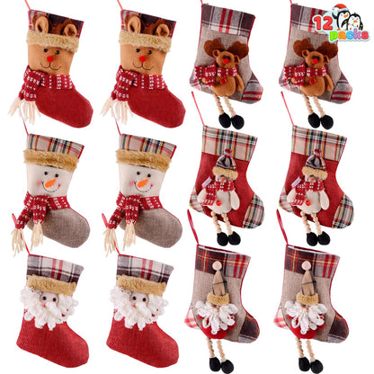 JOYIN 12 Pcs Mini Christmas 3D Bulk Xmas Stockings Santa Snowman Reindeer Burlap Stockings for Present Holders Treat Bags Christmas Tree Decoration Xmas Party Decors