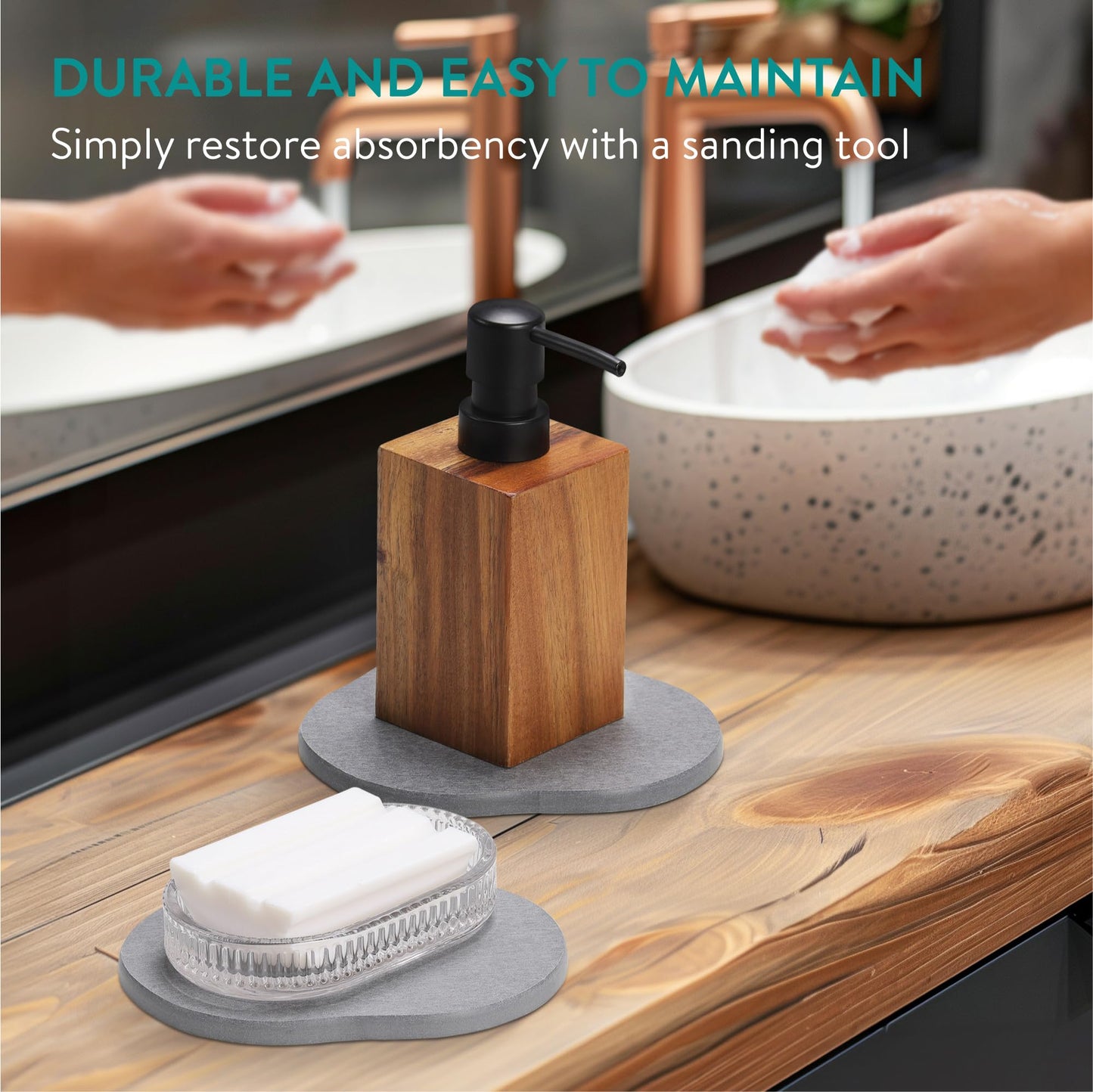 Navaris Diatomaceous Earth Tray Small Set - Trays for Kitchen Soap Bathroom Sink - Water Absorbent Diatomite Pads - Stone Coaster Quick Dry - Gray