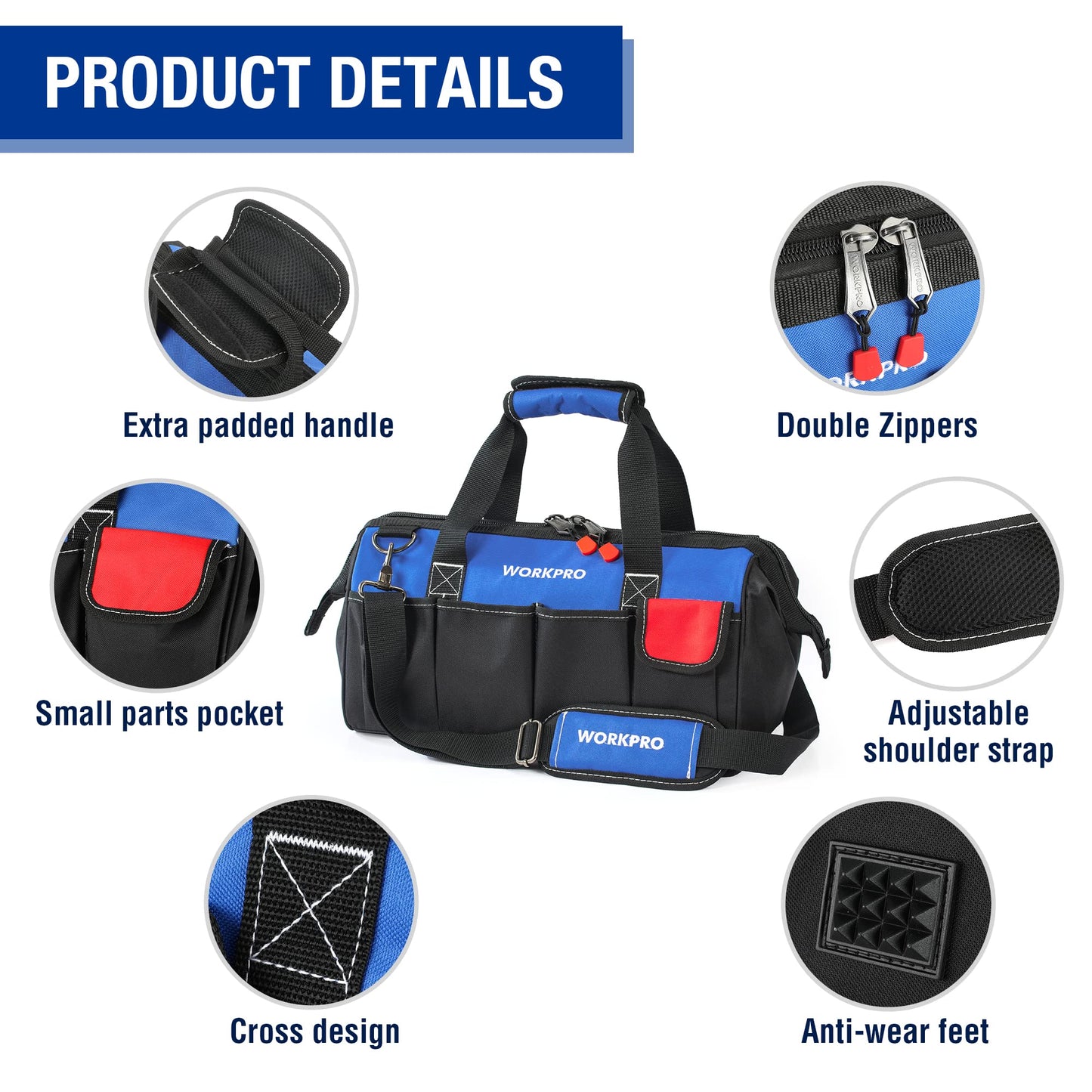 WORKPRO 18-inch, Large Heavy Duty Tool Bag Organiser, Multi-Purpose Wide Open Mouth Storage Bag, Waterproof Electricians Tool Bag with Adjustable Shoulder Strap