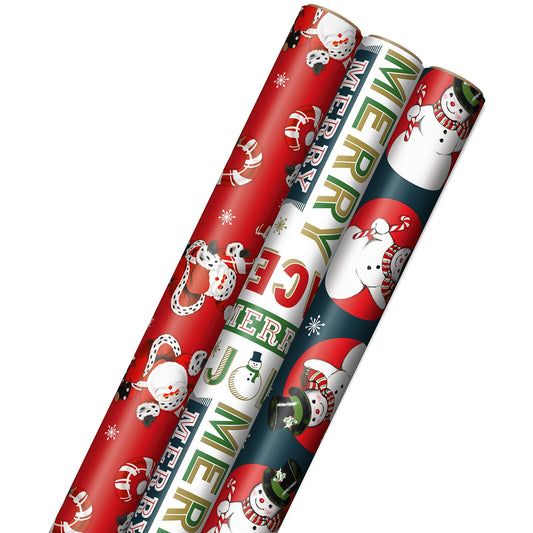 Hallmark Vintage Christmas Wrapping Paper Cut Lines on Reverse (3 Rolls: 120 sq. ft. ttl) Dancing Santas, Classic Snowman, "Merry, Jolly, Happy, Peace"