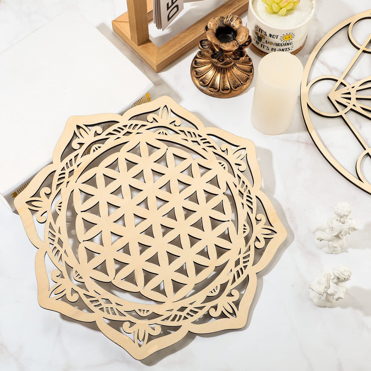 Youyole 4 Pcs 12 Inch Sacred Geometry Wood Wall Art Set Crystal Grid Board Zen Metatron Cube Sri Yantra Flower of Life Mandala Flower of Life Zen Wooden Wall Hanging Decor for Home Room