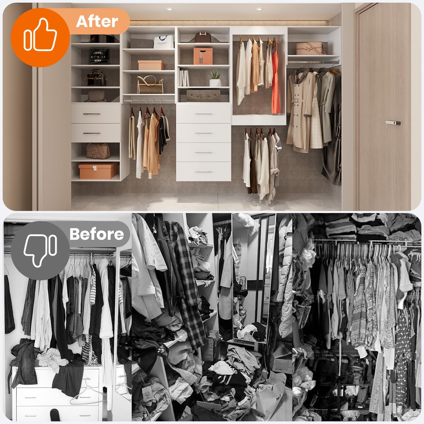 ROOMTEC Modular Closet System, 58" Wall Mounted Closet Organizer with Hanging Rods and Drawers, Wooden Tower for Walk-In Closets, Wardrobe Storage Kit, White