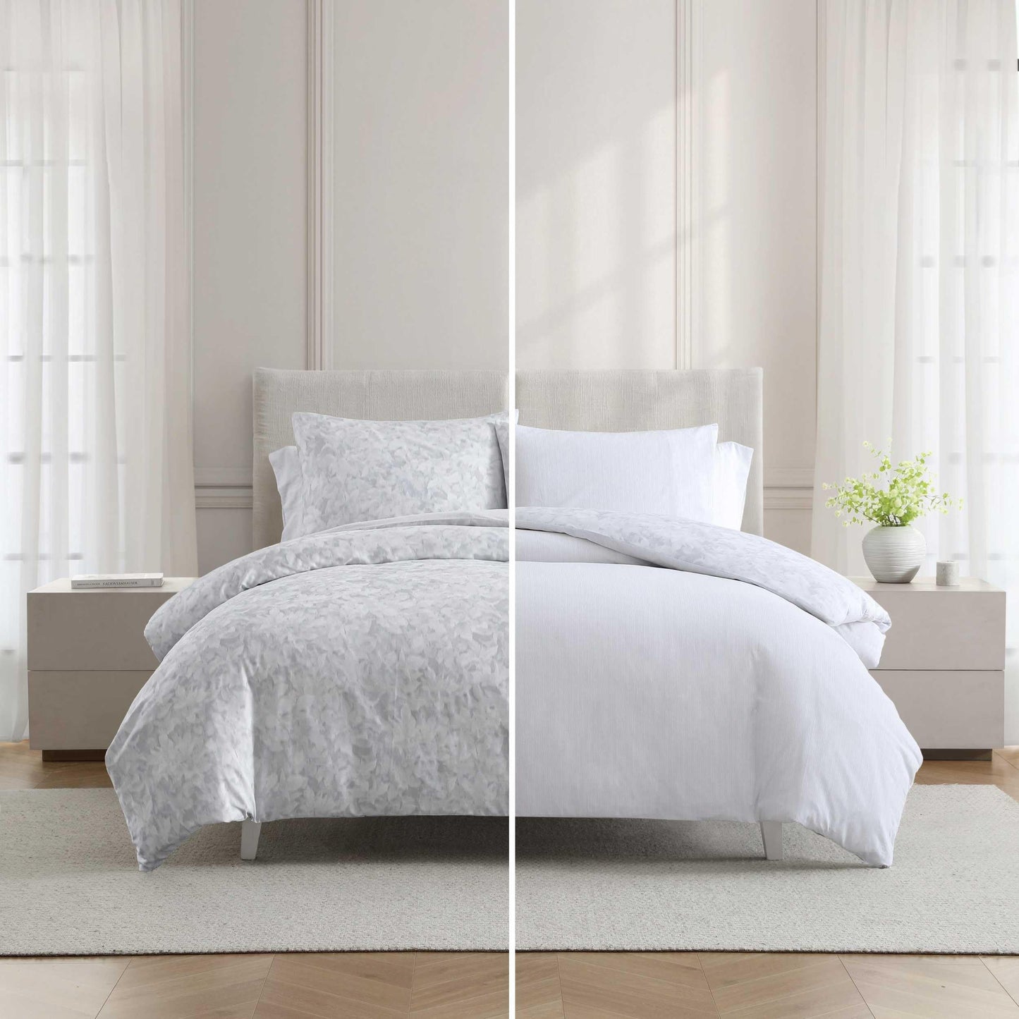 Vera Wang - Queen Size Duvet Cover Set, 100% Soft & Smooth Cotton Sateen Floral Bedding, 3-Piece Reversible Bed Set with Matching Pillowcases (Nebulous Flower/Etched Stripe Grey)