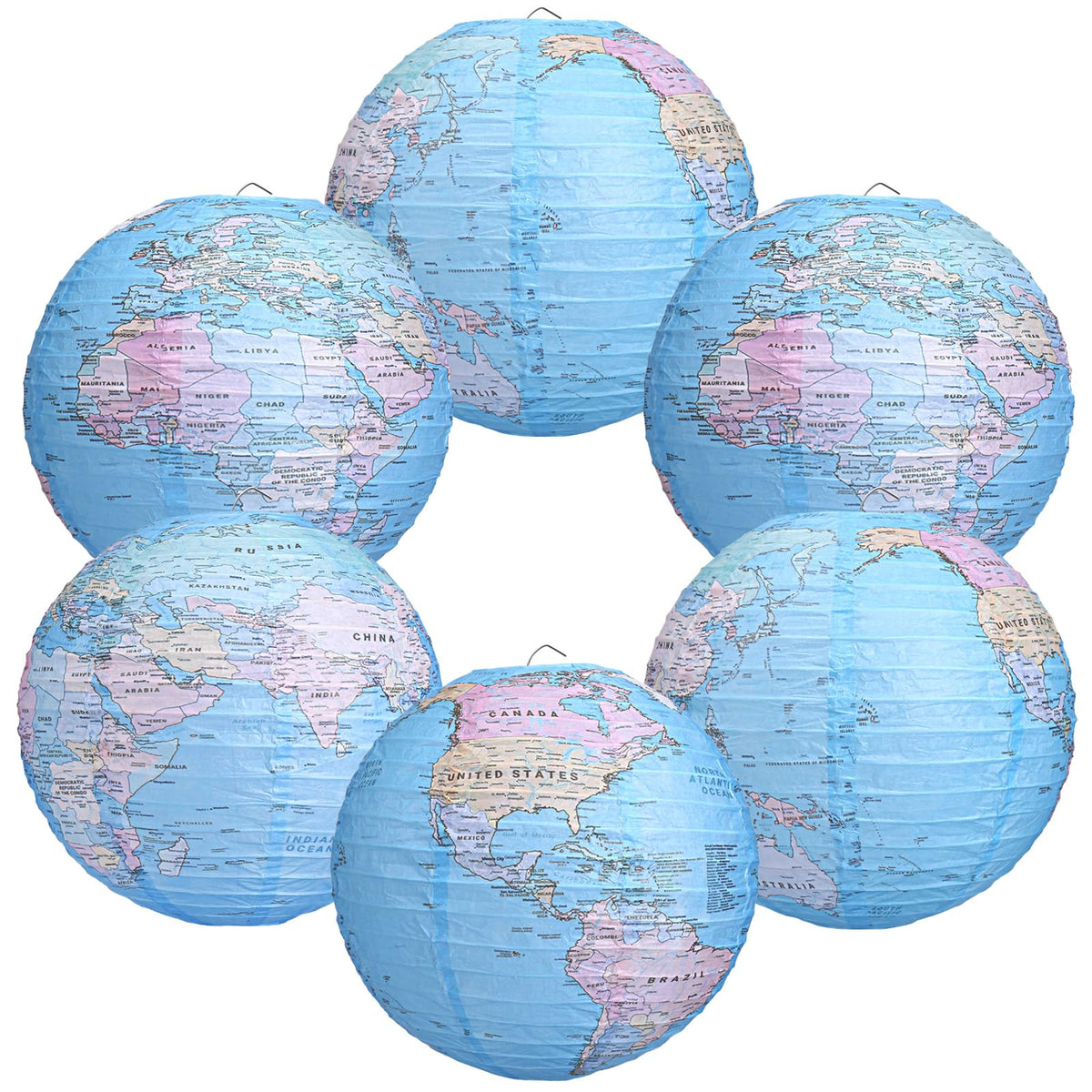 Globe Hanging Paper Lanterns, Around The World Earth Day Decorations, Travel Themed Paper Lanterns for Classroom Decorations Travel Party Decorations (12 inch, 6pcs)