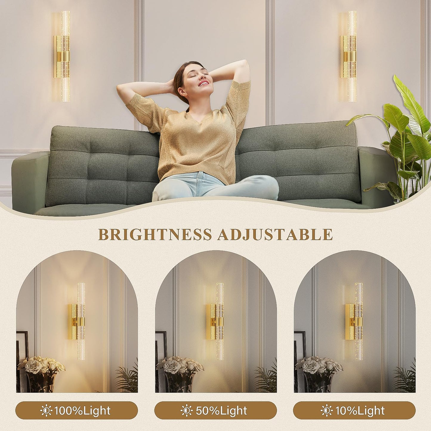 camuucci Battery Operated Wall Sconces Set of 2 Rechargeable Battery Powered Wall Light with 12000mAh Not Hardwired Dimmable Wall Lamp Fixtures for Bedroom Living Room Gold 15.3 Inches