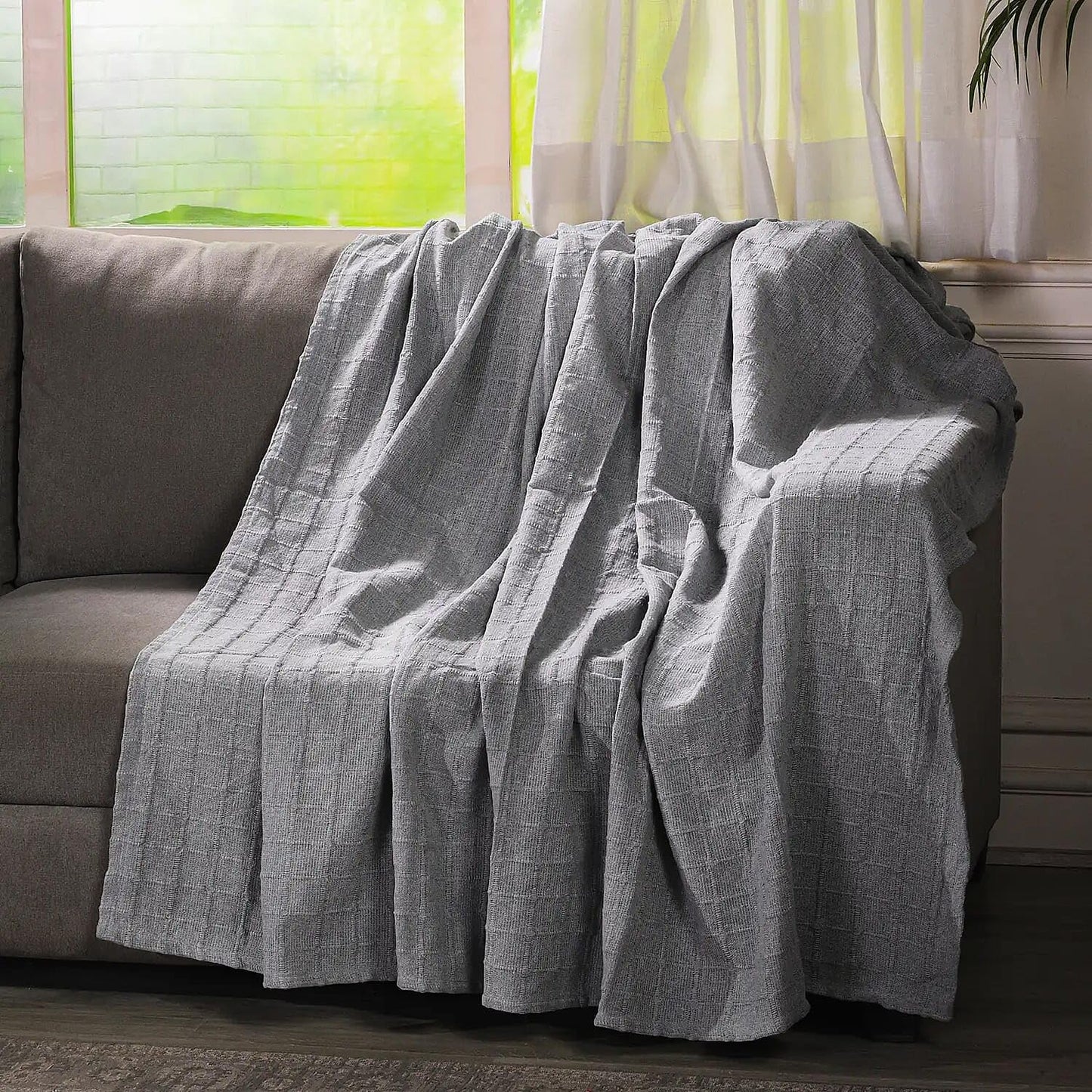 100% Cotton Gray Throw Blanket Woven Checker Pattern Super Soft Breathable Lightweight 68x90 inches Birthday