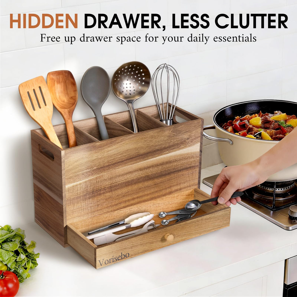 Vorisebo Acacia Wood Kitchen Utensil Holder for Countertop, Large Wooden Utensils Holder with 4 Compartment, Farmhouse Utensil Caddy with Drawer for Storage Cooking and Silverware