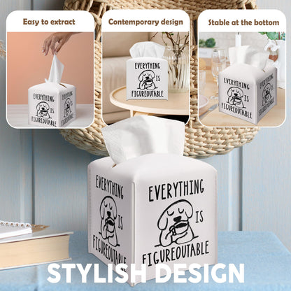 Tissue Box Gifts with Leather Cover Square, Cute Dog Print Gifts Ideas for Family Friends, Everything is Figureoutable, Bathroom Office Desk Decor, New Home Favor-(5.2 Inches) A51