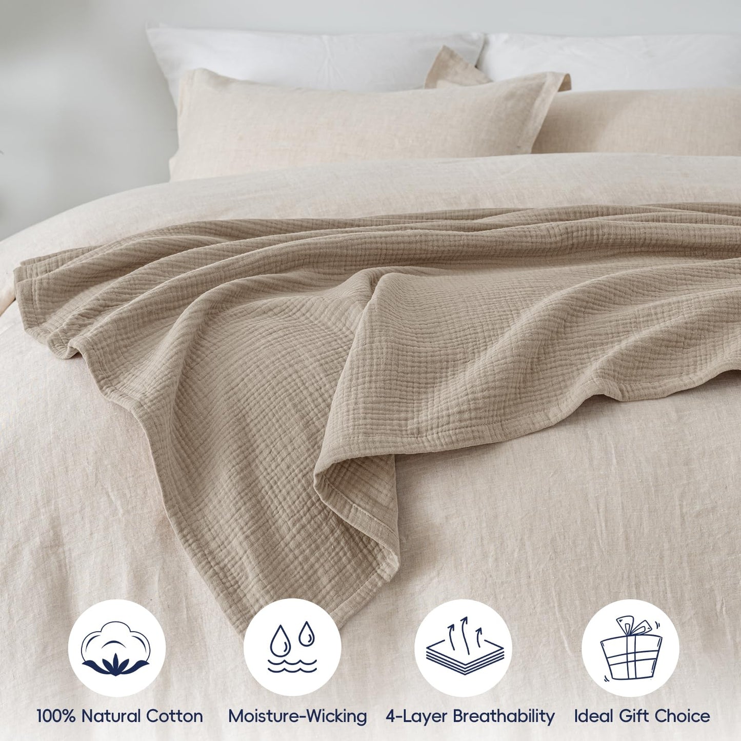 PHF 100% Cotton Muslin Throw Blanket 50" x 60", 4-Layer Lightweight Gauze Throw, Breathable Cloud-Soft Minimalist Blanket for Bed, Couch, Camping, Taupe, Ideal Gift