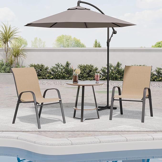 Patio Chairs Set of 2, Outdoor Dining Chairs Stackable for All Weather, Breathable Metal Modern Outside Furniture Chair for Pool Side, Garden, Backyard Deck, Brown