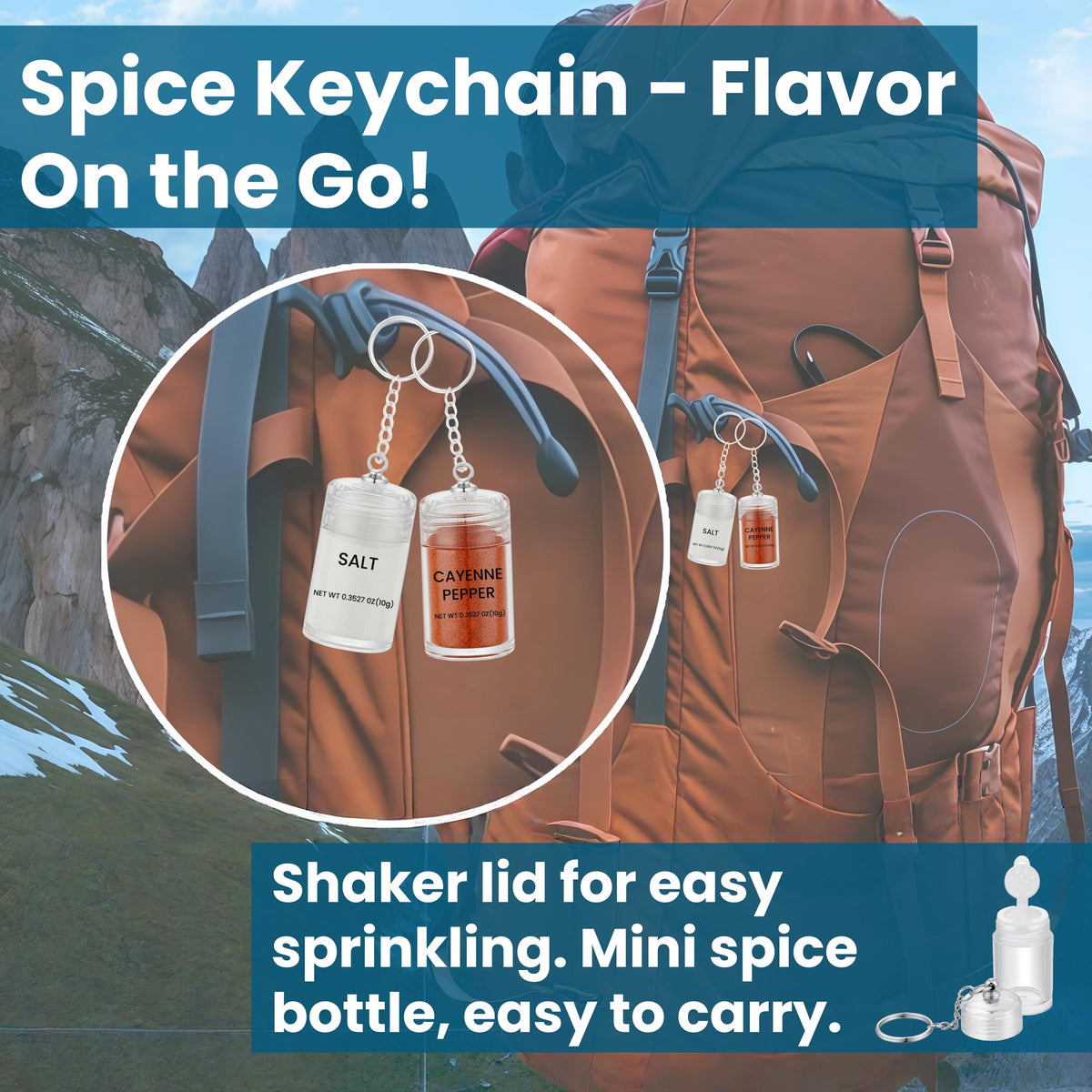 Mini Salt Keychain Bottle – Refillable AS Travel Salt Shaker – Portable Spice Jar with 2 Stickers – Small Key Chain Shaker for Camping, Office, Picnics, Lunchboxes