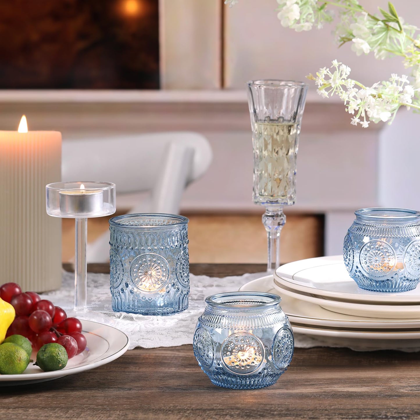 DARJEN Blue Votive Candle Holders- 10Pcs Glass Tealight Candle Holder, Size Upgrade Design for Home Decor, Elegant Candle Holder for Party & Dinner Table Centerpieces, Living Room Decor Gifts