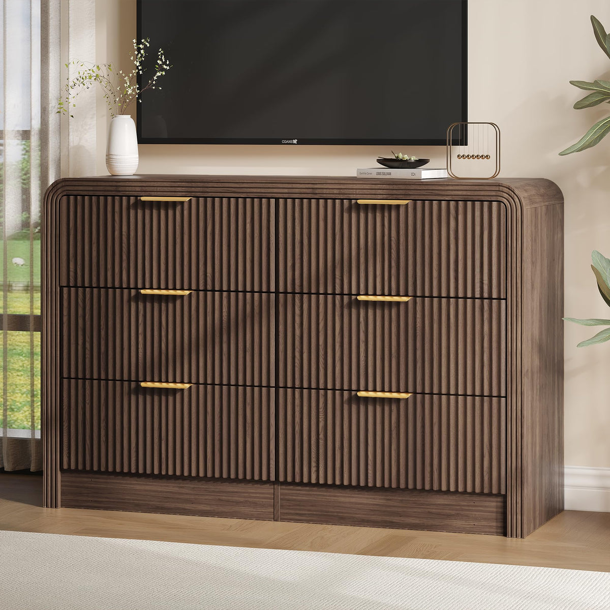 Decofy Fluted Drawers Dresser for Bedroom, Wood Dressers with Gold Handles, Modern Dressers with Wave Texture, Large Storage Chest of Drawers, Bedroom Dresser Organizer 47'' & 6 Drawers (Walnut)