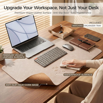 Premium Faux Leather Desk Mat & Tray Set，Innovative Cork-Look Printed Base，Gift Tube Packaging，Full-Desk Coverage，Non-Slip Desk Pad for Office Home（Warm Beige）
