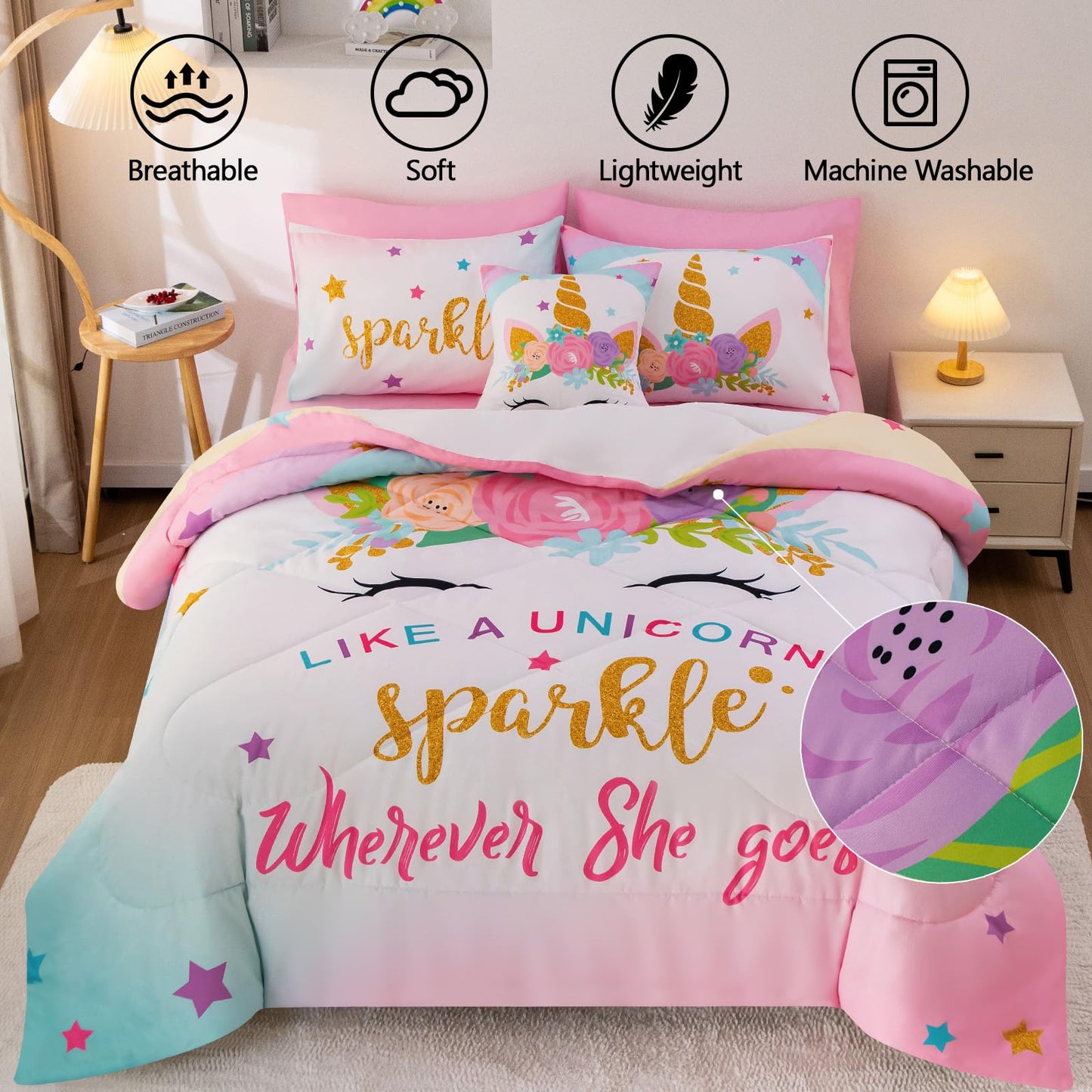 Keyroal 8Pcs Full Comforter Set with Sheet,Unicorn Flower Bedding Set for Kids,Pink Rainbow Bed in a Bag Bedding for Girls-Sparkle Unicorn